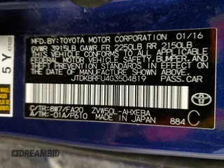 2016 Toyota Prius Two with VIN JTDKBRFU4G3504819, listed as a Copart auction lot 57327865 with 212,162 mi miles and Non Repairable. Bid and sale history available at DreamBid. Image 13.