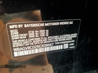 2022 BMW 8 Series M850i with VIN WBAGV8C02NCK08667, listed as a Copart auction lot 88255605 with 22,737 mi miles and Salvage title. Bid and sale history available at DreamBid. Image 12.