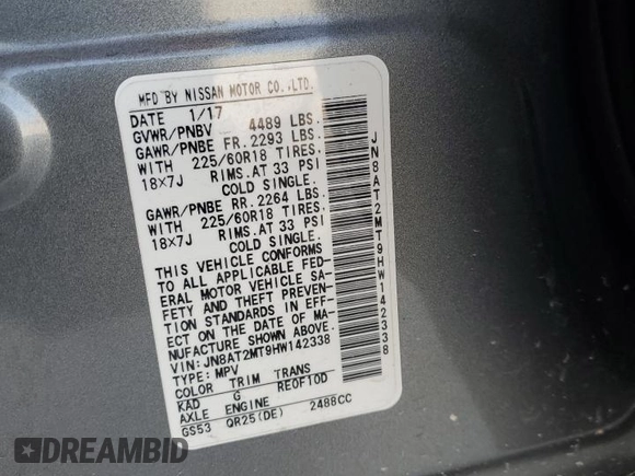 2017 Nissan Rogue SL with VIN JN8AT2MT9HW142338, listed as a Copart auction lot 48229035 with 62,068 mi miles and Salvage Title. Bid and sale history available at DreamBid. Image 15.