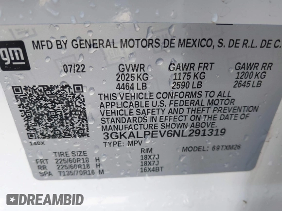 2022 GMC Terrain SLT with VIN 3GKALPEV6NL291319, listed as a IAAI auction lot 41834835 with 39,968 mi miles. Bid and sale history available at carsss.com. Image 9.