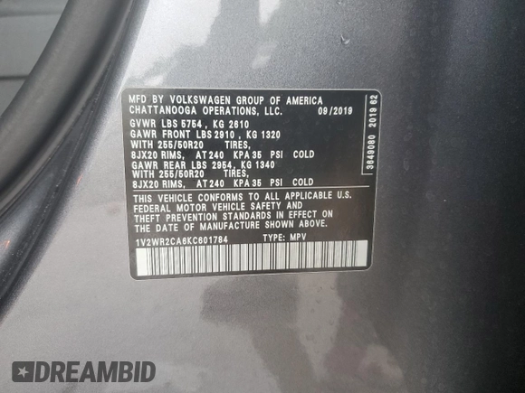 2019 Volkswagen Atlas SE z VIN 1V2WR2CA6KC601784, wystawiony jako Copart lot #58795675 z przebiegiem 80 528 mil mil oraz Szkoda całkowita • Salvage title. Historia ofert i sprzedaży dostępna na DreamBid. Obrazek 12.