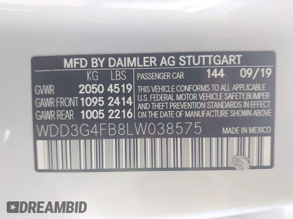 2020 Mercedes-Benz A 220 with VIN WDD3G4FB8LW038575, listed as a IAAI auction lot 41370432 with Not provided miles and . Bid and sale history available at DreamBid. Image 9.