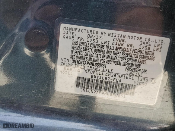 2017 Nissan Versa Sedan SV with VIN 3N1CN7AP4HL850251, listed as a Copart auction lot 48342705 with 80,591 mi miles and Salvage Title. Bid and sale history available at carsss.com. Image 12.