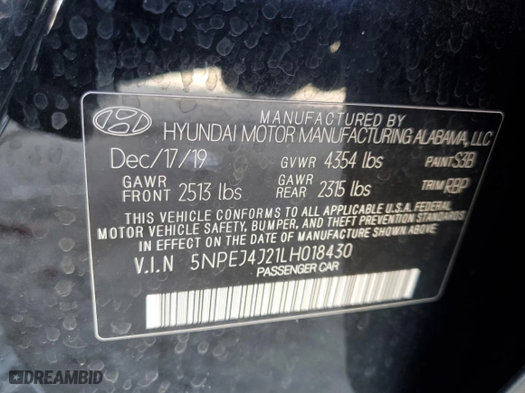 2020 Hyundai Sonata SEL Plus with VIN 5NPEJ4J21LH018430, listed as a Copart auction lot 50980045 with 53,921 mi miles and Non Repairable. Bid and sale history available at carsss.com. Image 12.