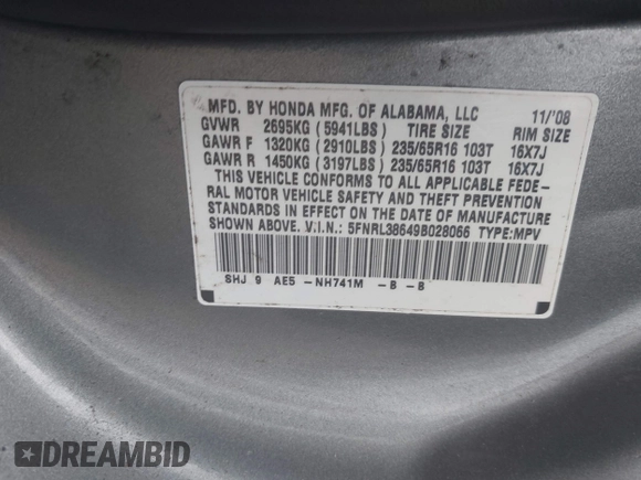 2009 Honda Odyssey EX-L with VIN 5FNRL38649B028066, listed as a IAAI auction lot 42059473 with 193,122 mi miles. Bid and sale history available at carsss.com. Image 9.