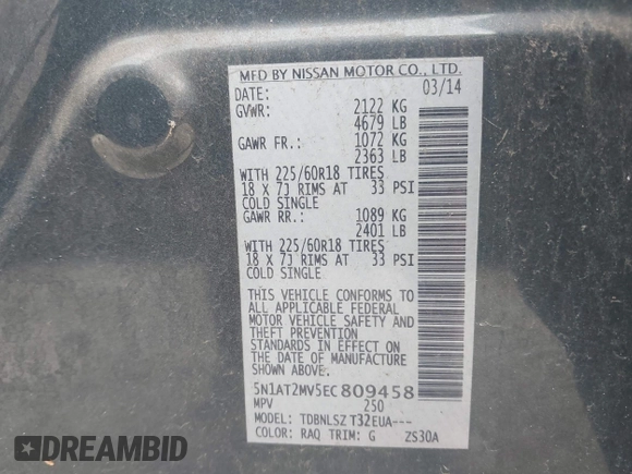 2014 Nissan Rogue SL with VIN 5N1AT2MV5EC809458, listed as a IAAI auction lot 41990143 with 127,479 mi miles. Bid and sale history available at carsss.com. Image 9.