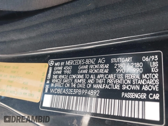 1993 Mercedes-Benz 300 with VIN WDBEA52E3PB994892, listed as a IAAI auction lot 41391045 with 219,676 mi miles and . Bid and sale history available at DreamBid. Image 9.