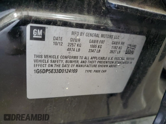 2013 Cadillac CTS Premium with VIN 1G6DP5E33D0124169, listed as a Copart auction lot 51205905 with Not Provided miles and Salvage Title. Bid and sale history available at DreamBid. Image 14.