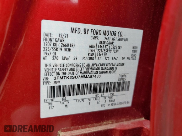 2021 Ford Mustang Mach-E Premium with VIN 3FMTK3SU7MMA57433, listed as a Copart auction lot 61222215 with 22,516 mi miles and Salvage title. Bid and sale history available at DreamBid. Image 13.
