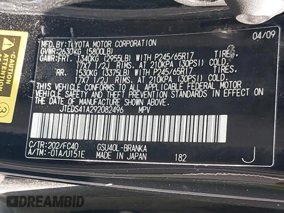 2009 Toyota Highlander z VIN JTEDS41A292082496, wystawiony jako IAAI lot #42495433 z przebiegiem 100 118 mil mil oraz . Historia ofert i sprzedaży dostępna na DreamBid. Obrazek 9.
