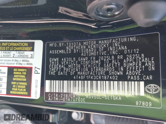 2012 Toyota Camry L with VIN 4T4BF1FK3CR187402, listed as a IAAI auction lot 41881460 with 73,057 mi miles. Bid and sale history available at carsss.com. Image 9.