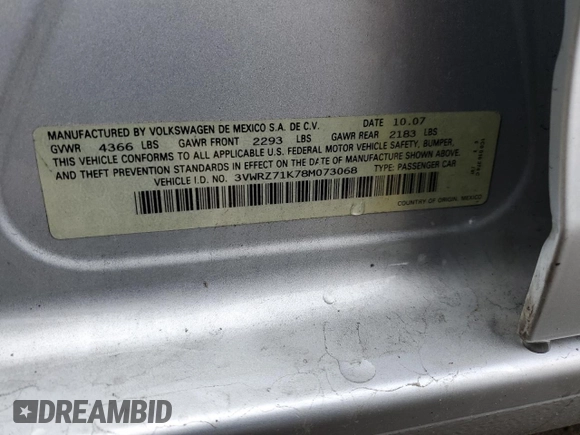2008 Volkswagen Jetta SE with VIN 3VWRZ71K78M073068, listed as a Copart auction lot 47866115 with 121,071 mi miles and Salvage title. Bid and sale history available at DreamBid. Image 12.
