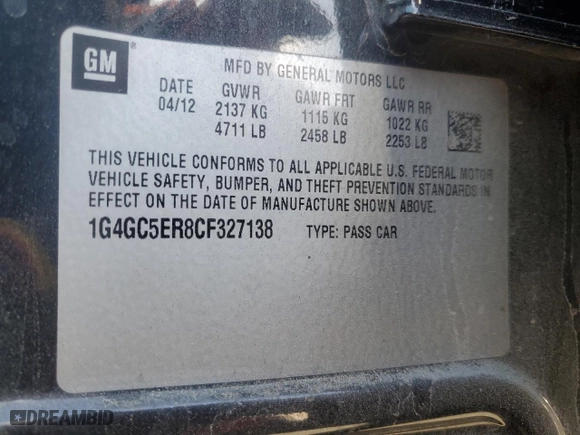 2012 Buick LaCrosse Leather with VIN 1G4GC5ER8CF327138, listed as a Copart auction lot 46873415 with 98,927 mi miles and Clean Title. Bid and sale history available at carsss.com. Image 12.