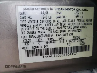 2006 Nissan Altima 2.5 with VIN 1N4AL11D66N404957, listed as a Copart auction lot 49283825 with 184,020 mi miles and Salvage Title. Bid and sale history available at carsss.com. Image 12.