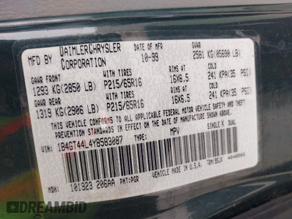 2000 Dodge Grand Caravan with VIN 1B4GT44L4YB583087, listed as a IAAI auction lot 42081647 with Not Provided miles and . Bid and sale history available at DreamBid. Image 9.