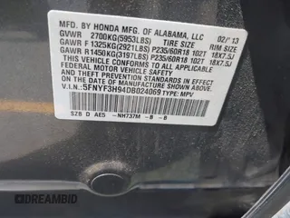 2013 Honda Pilot Touring with VIN 5FNYF3H94DB024069, listed as a IAAI auction lot 42638568 with 190,326 mi miles and . Bid and sale history available at DreamBid. Image 9.