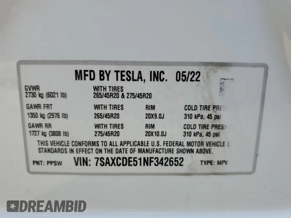 2022 Tesla Model X with VIN 7SAXCDE51NF342652, listed as a Copart auction lot 42756105 with Not Provided miles and Salvage Title. Bid and sale history available at DreamBid. Image 13.