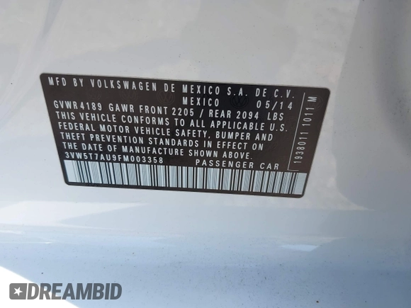 2015 Volkswagen Golf GTI SE with VIN 3VW5T7AU9FM003358, listed as a IAAI auction lot 41933772 with 99,303 mi miles. Bid and sale history available at carsss.com. Image 9.