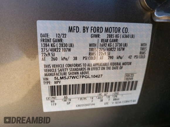 2023 Lincoln Aviator Reserve with VIN 5LM5J7WC7PGL10427, listed as a Copart auction lot 52072055 with 51,265 mi miles and Salvage title. Bid and sale history available at DreamBid. Image 14.