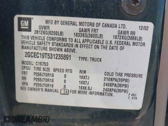 2003 Chevrolet Silverado 1500 with VIN 2GCEC19T531235891, listed as a IAAI auction lot 42026640 with 366,488 mi miles and . Bid and sale history available at DreamBid. Image 9.