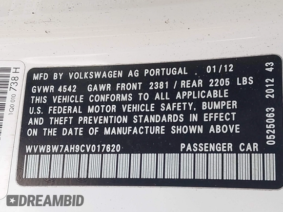 2012 Volkswagen Eos Komfort with VIN WVWBW7AH9CV017620, listed as a IAAI auction lot 40945479 with 96,444 mi miles and . Bid and sale history available at DreamBid. Image 9.