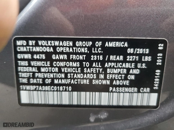 2014 Volkswagen Passat SE with VIN 1VWBP7A38EC018710, listed as a Copart auction lot 42289915 with 100,595 mi miles and Salvage Title. Bid and sale history available at carsss.com. Image 12.