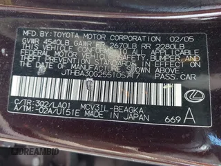 2005 Lexus ES 330 with VIN JTHBA30G255105717, listed as a IAAI auction lot 42083955 with 198,185 mi miles. Bid and sale history available at carsss.com. Image 9.