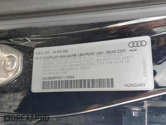2016 Audi A3 Premium with VIN WAUB8GFF9G1113064, listed as a Copart auction lot 54596825 with Not Provided miles and Salvage Title. Bid and sale history available at DreamBid. Image 12.