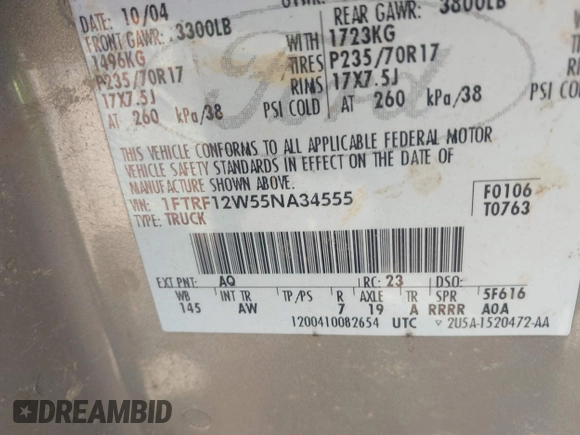 2005 Ford F-150 XL with VIN 1FTRF12W55NA34555, listed as a IAAI auction lot 42410275 with 251,647 mi miles and . Bid and sale history available at DreamBid. Image 9.