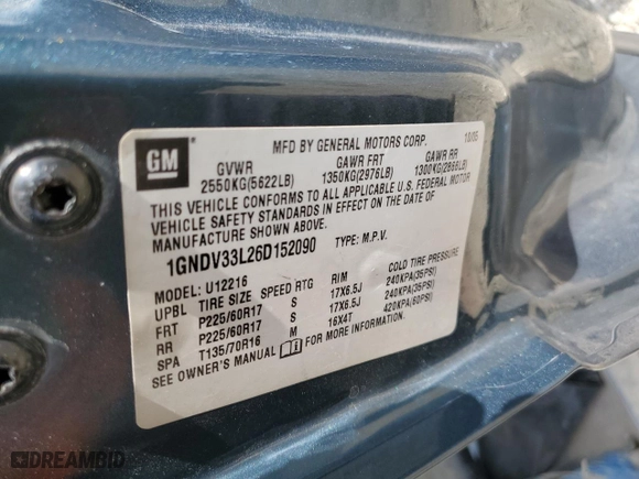 2006 Chevrolet Uplander LT w/1LT with VIN 1GNDV33L26D152090, listed as a Copart auction lot 72463114 with NaN miles and Salvage Title. Bid and sale history available at carsss.com. Image 14.