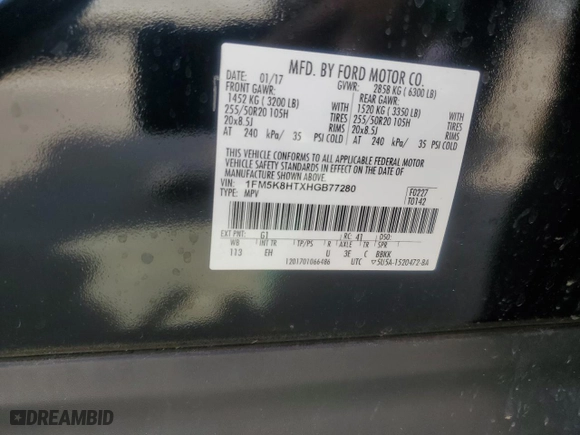 2017 Ford Explorer Platinum with VIN 1FM5K8HTXHGB77280, listed as a Copart auction lot 50724205 with 101,811 mi miles and Salvage Title. Bid and sale history available at carsss.com. Image 13.