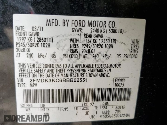 2011 Ford Edge Limited with VIN 2FMDK3KC6BBB02551, listed as a Copart auction lot 65706775 with 329,712 mi miles and Salvage title. Bid and sale history available at DreamBid. Image 13.