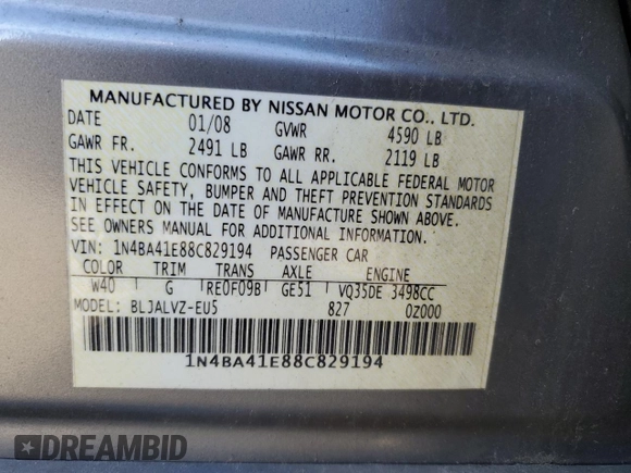 2008 Nissan Maxima 3.5 SE with VIN 1N4BA41E88C829194, listed as a Copart auction lot 79069644 with 75,396 mi miles and Salvage Title. Bid and sale history available at carsss.com. Image 12.