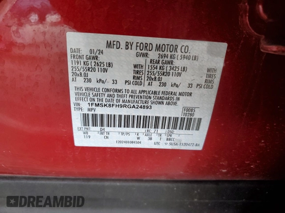 2024 Ford Explorer Limited with VIN 1FMSK8FH9RGA24893, listed as a Copart auction lot 47862475 with 30,596 mi miles and Salvage Title. Bid and sale history available at carsss.com. Image 14.
