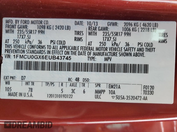 2014 Ford Escape SE with VIN 1FMCU0GX6EUB43745, listed as a Copart auction lot 85299354 with 160,647 mi miles and Salvage Title. Bid and sale history available at DreamBid. Image 15.
