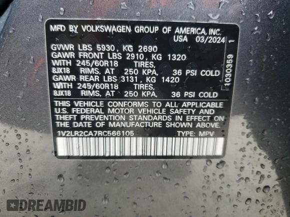 2024 Volkswagen Atlas SE z VIN 1V2LR2CA7RC566105, wystawiony jako Copart lot #42130995 z przebiegiem 7 794 mil mil oraz Nie do naprawy • Non repairable. Historia ofert i sprzedaży dostępna na DreamBid. Obrazek 13.