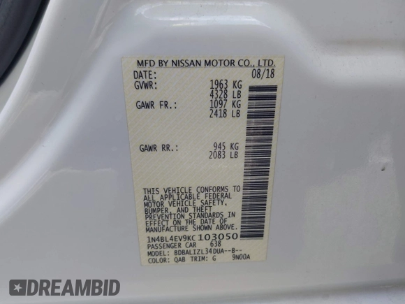 2019 Nissan Altima SL with VIN 1N4BL4EV9KC103050, listed as a IAAI auction lot 42139670 with 112,427 mi miles and . Bid and sale history available at DreamBid. Image 9.