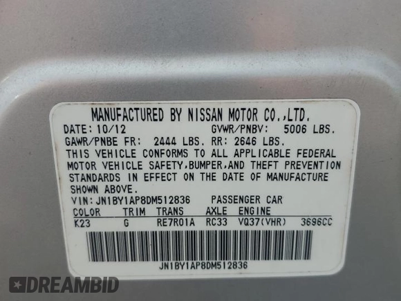 2013 Infiniti M with VIN JN1BY1AP8DM512836, listed as a Copart auction lot 59189895 with Not provided miles and Non repairable. Bid and sale history available at DreamBid. Image 12.