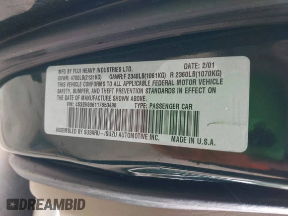 2001 Subaru Legacy Outback L.L. Bean with VIN 4S3BH806117653496, listed as a IAAI auction lot 41910142 with 187,919 mi miles and . Bid and sale history available at DreamBid. Image 9.