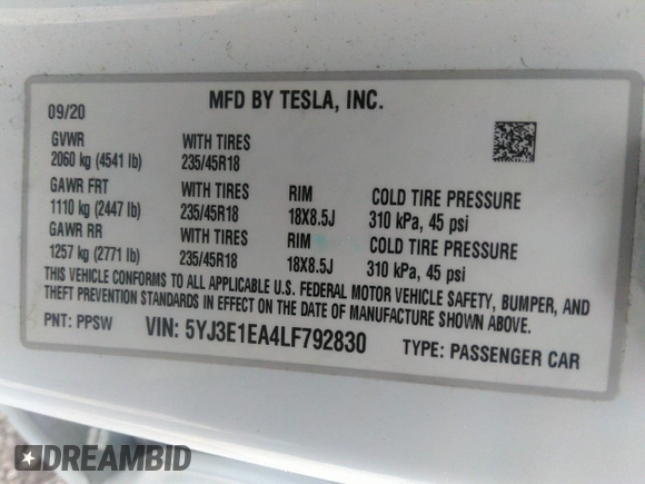 2020 Tesla Model 3 Standard Range Plus with VIN 5YJ3E1EA4LF792830, listed as a IAAI auction lot 41852919 with 76,461 mi miles. Bid and sale history available at carsss.com. Image 9.