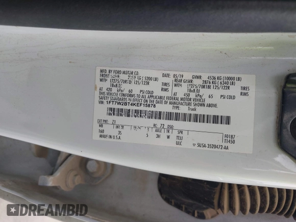 2019 Ford F-250 XL with VIN 1FT7W2BT4KEF15878, listed as a IAAI auction lot 42082697 with 183,497 mi miles and . Bid and sale history available at DreamBid. Image 9.