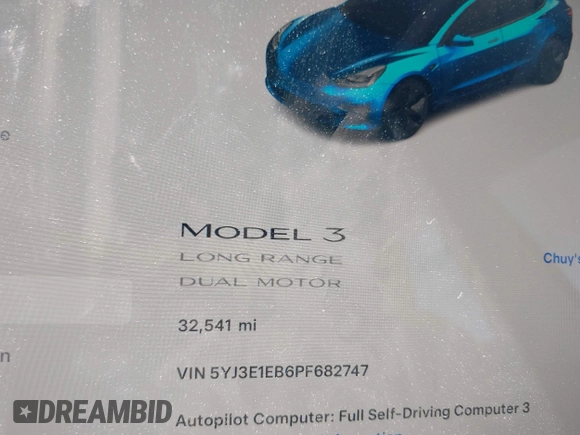 2023 Tesla Model 3 Long Range with VIN 5YJ3E1EB6PF682747, listed as a IAAI auction lot 41980506 with 32,541 mi miles and . Bid and sale history available at DreamBid. Image 7.