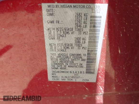 2013 Nissan Pathfinder SV with VIN 5N1AR2MM1DC614185, listed as a IAAI auction lot 42037843 with 165,453 mi miles. Bid and sale history available at carsss.com. Image 9.