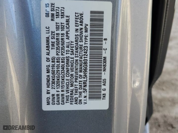 2016 Honda Odyssey Touring Elite with VIN 5FNRL5H96GB012423, listed as a Copart auction lot 47163095 with 91,199 mi miles and Clean Title. Bid and sale history available at carsss.com. Image 13.