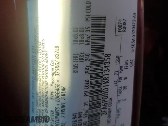 2019 Ford Fusion SE with VIN 3FA6P0HD1KR134358, listed as a Copart auction lot 88258445 with Not Provided miles and Salvage Title. Bid and sale history available at carsss.com. Image 12.