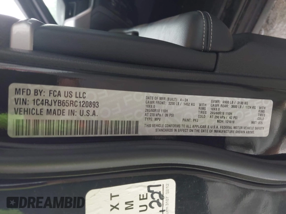 2024 Jeep Grand Cherokee with VIN 1C4RJYB65RC120893, listed as a IAAI auction lot 42603156 with 41,942 mi miles and . Bid and sale history available at DreamBid. Image 9.