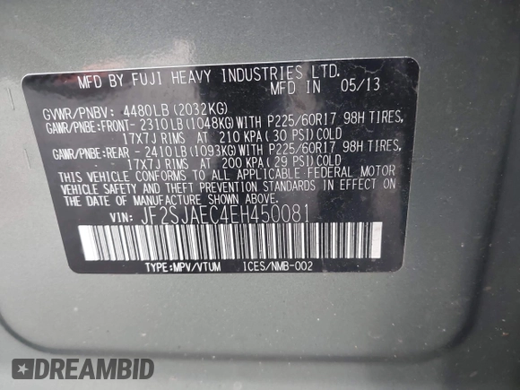 2014 Subaru Forester Premium with VIN JF2SJAEC4EH450081, listed as a IAAI auction lot 41134306 with Not Provided miles and . Bid and sale history available at DreamBid. Image 9.