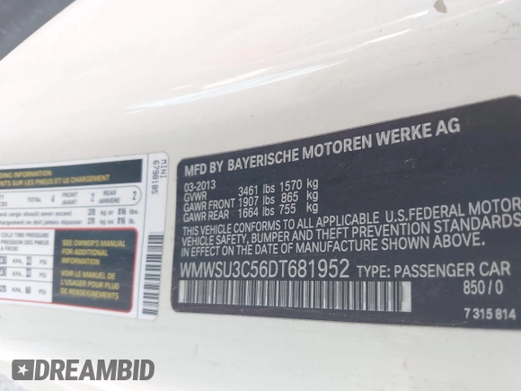 2013 MINI Hardtop with VIN WMWSU3C56DT681952, listed as a IAAI auction lot 42325521 with 124,405 mi miles and . Bid and sale history available at DreamBid. Image 9.