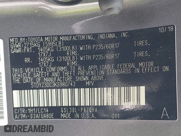 2019 Toyota Sienna XLE Auto Access Seat with VIN 5TDYZ3DC3KS980743, listed as a IAAI auction lot 42753501 with 147,122 mi miles and . Bid and sale history available at DreamBid. Image 9.