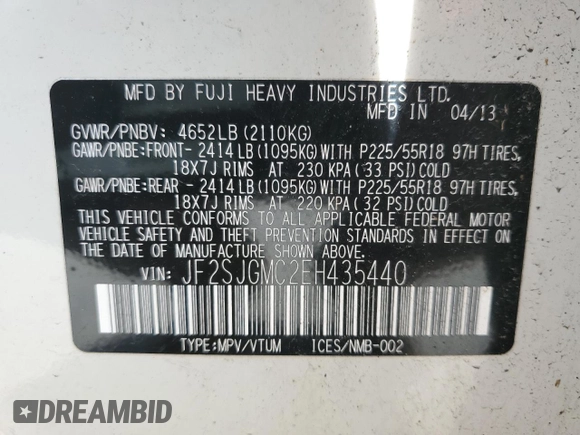 2014 Subaru Forester XT Touring with VIN JF2SJGMC2EH435440, listed as a Copart auction lot 53705975 with 119,615 mi miles and Salvage Title. Bid and sale history available at DreamBid. Image 13.